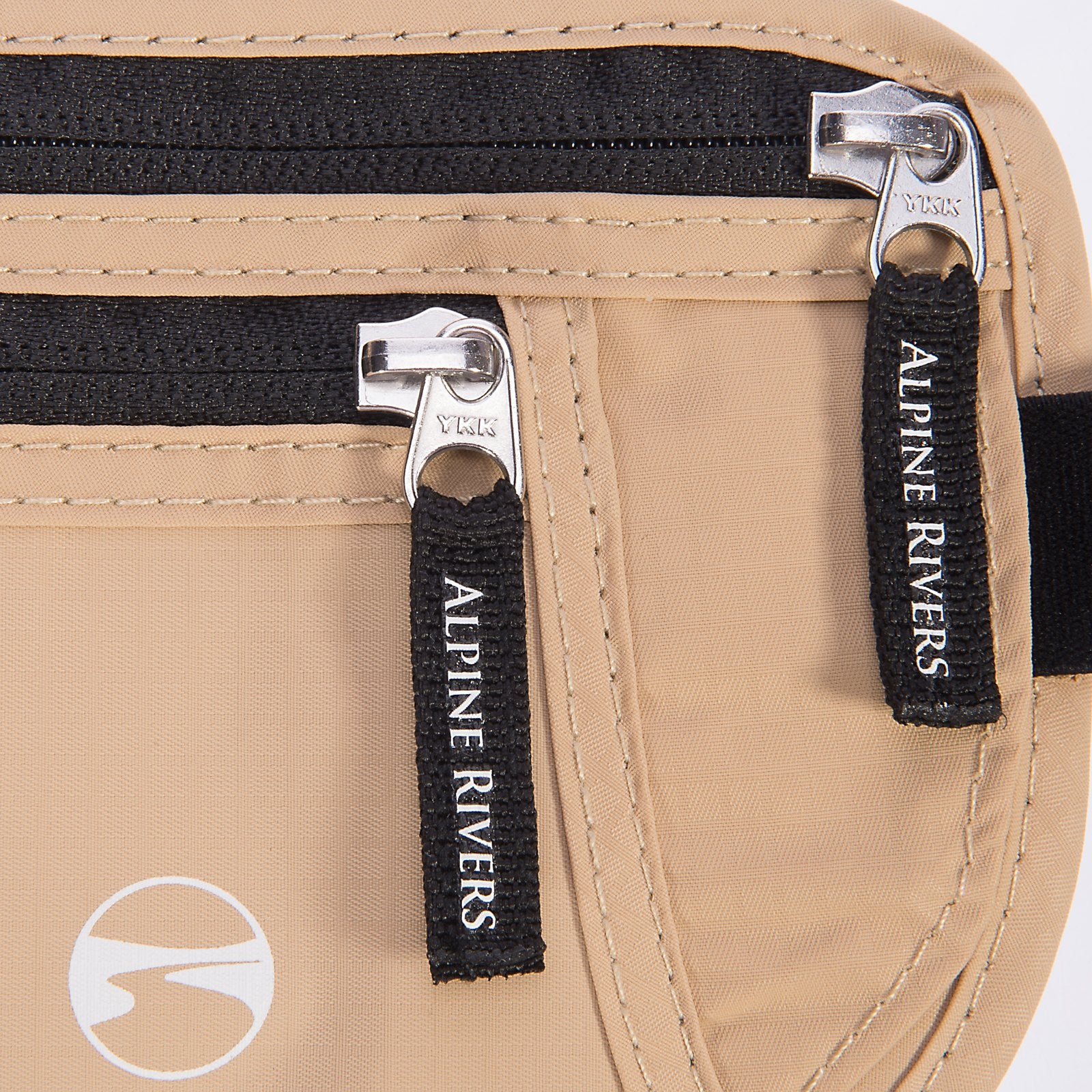 Sahara Sand money belt YKK zippers with Alpine Rivers branded pulls