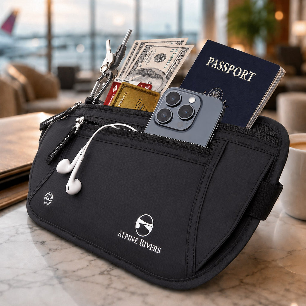 Alpine Rivers RFID blocking money belt holding a passport, phone, cash and earphones on a table