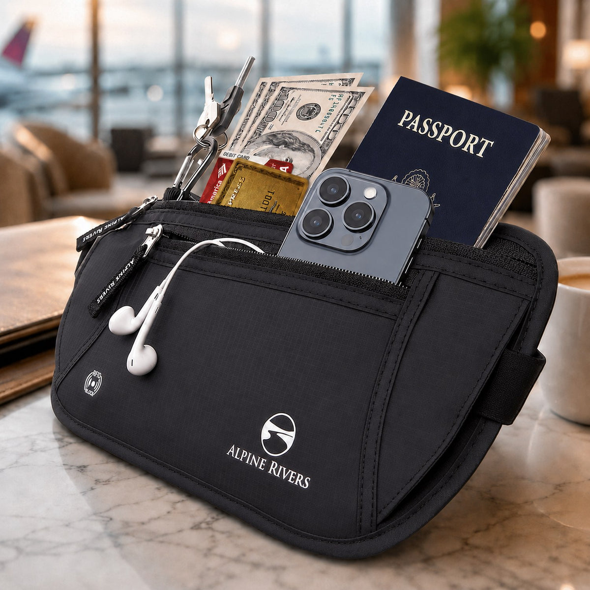 Alpine Rivers RFID blocking money belt holding a passport, phone, cash and earphones on a table