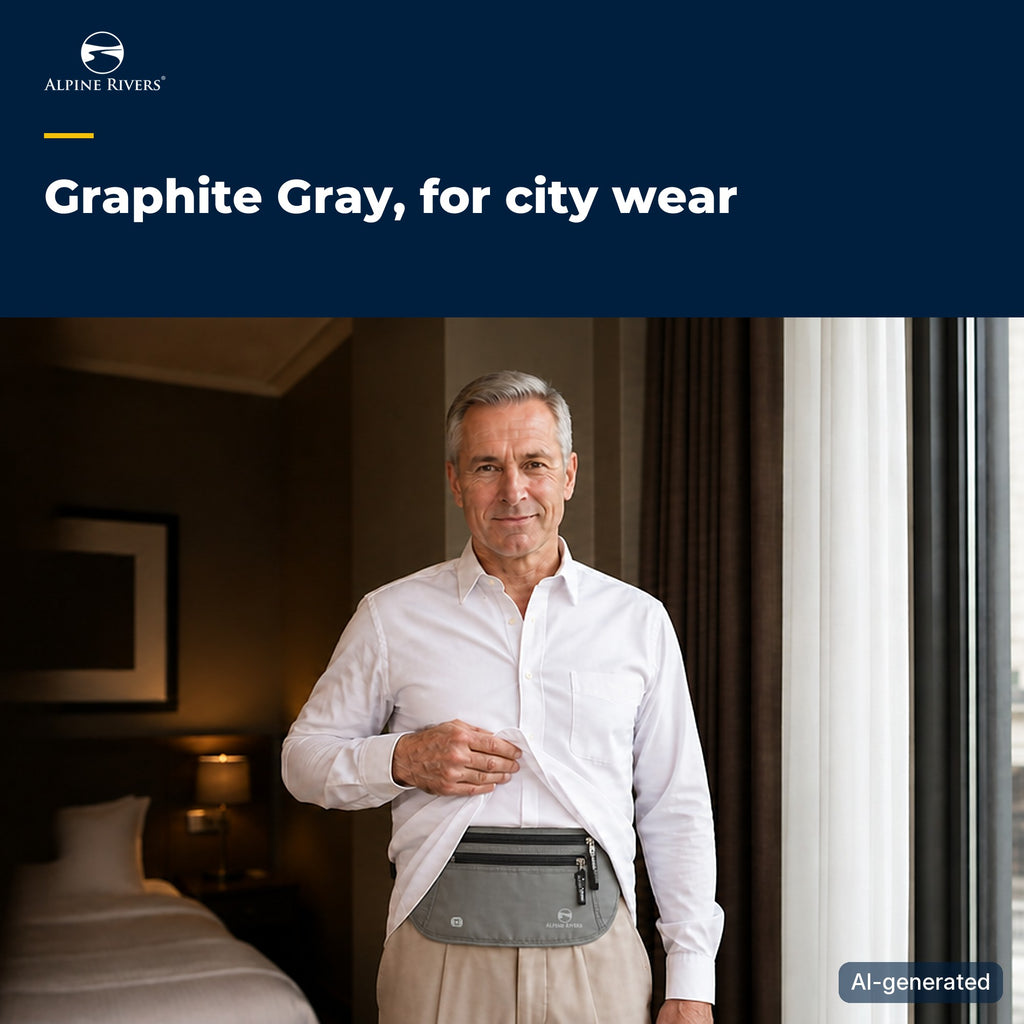 Man in a city hotel room lifting his white shirt to show a Graphite Gray Alpine Rivers RFID money belt