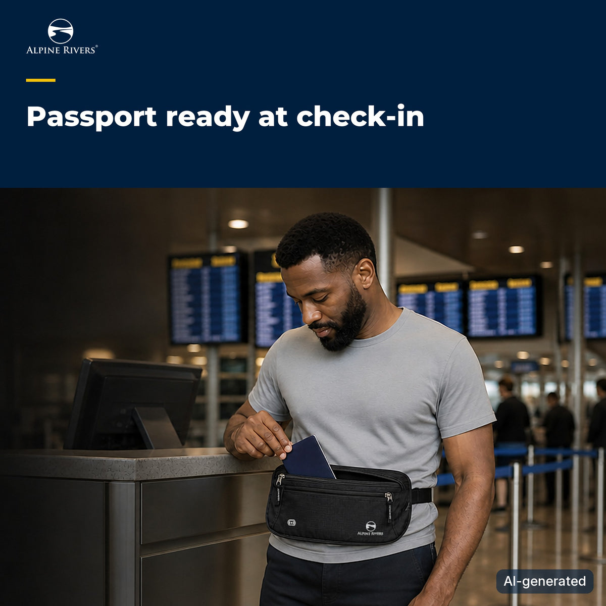 Man at an airport check-in desk taking his passport from a black RFID money belt worn over his T-shirt