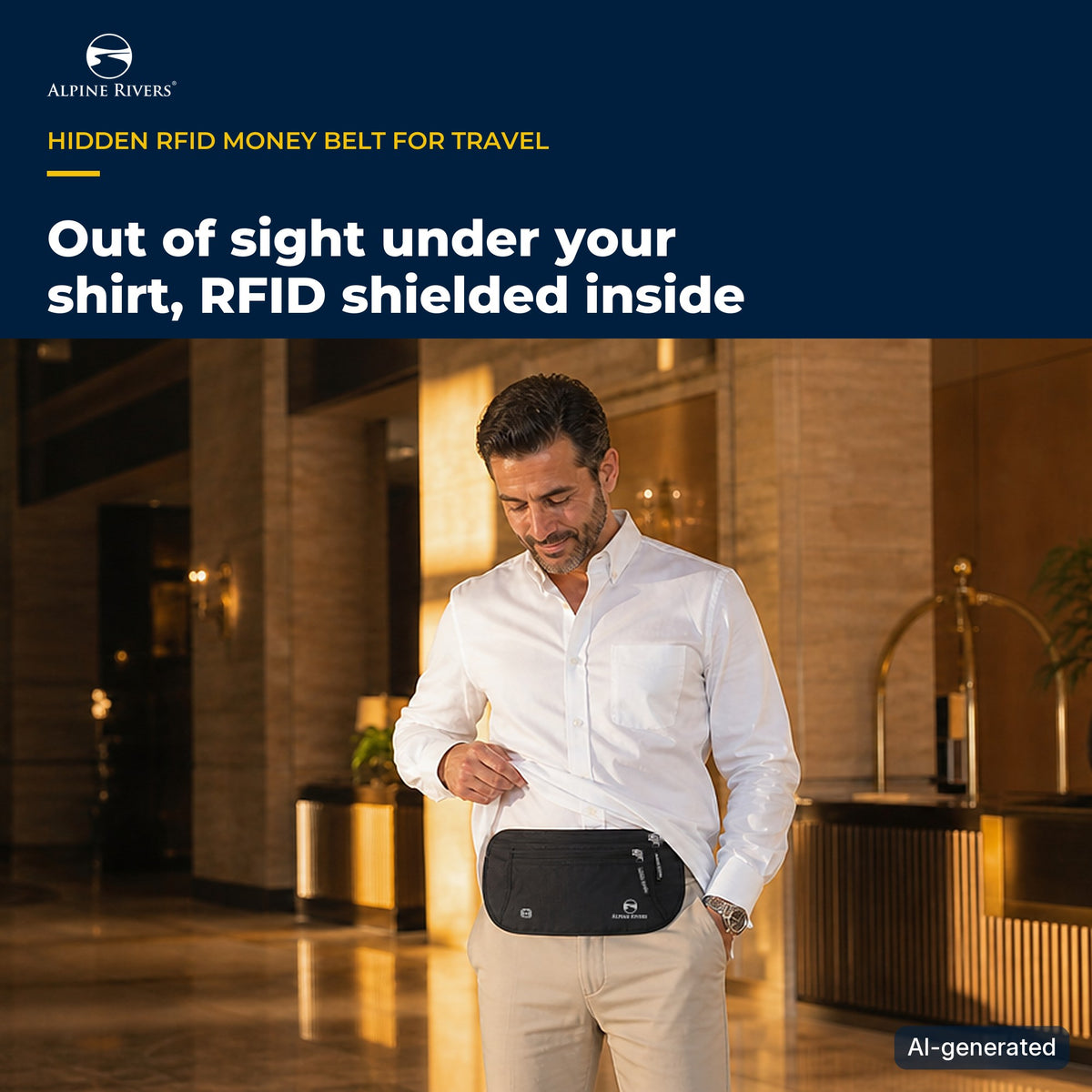 Man in a hotel lobby lifting his white shirt to show a slim black Alpine Rivers RFID money belt worn flat at the waist