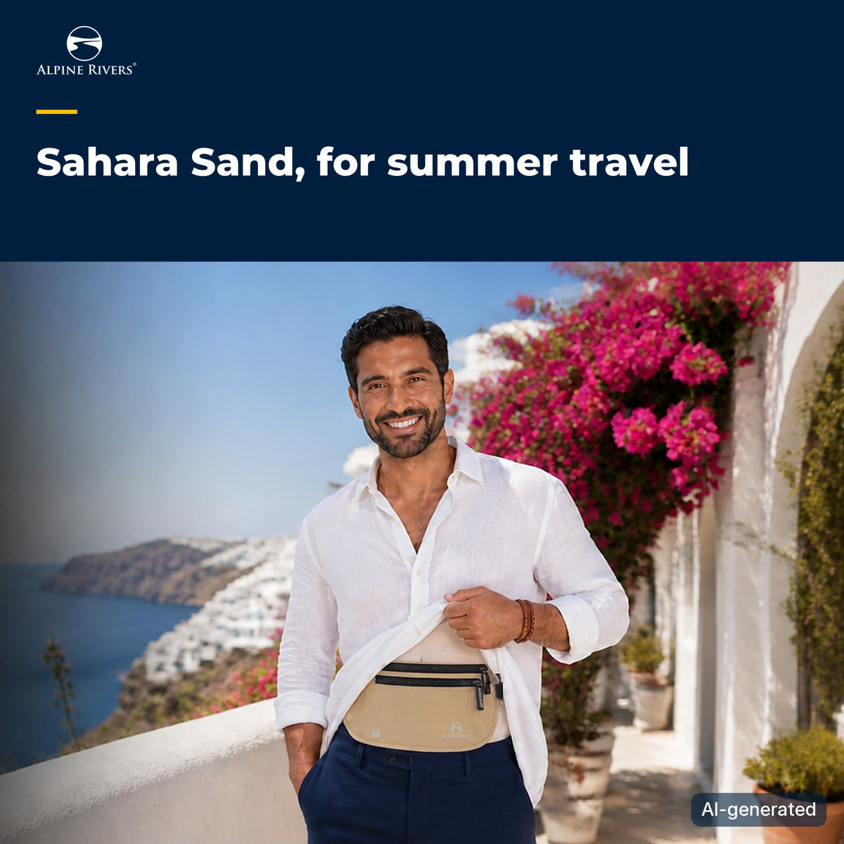 Man on a sunny terrace lifting his white linen shirt to show a Sahara Sand Alpine Rivers RFID money belt