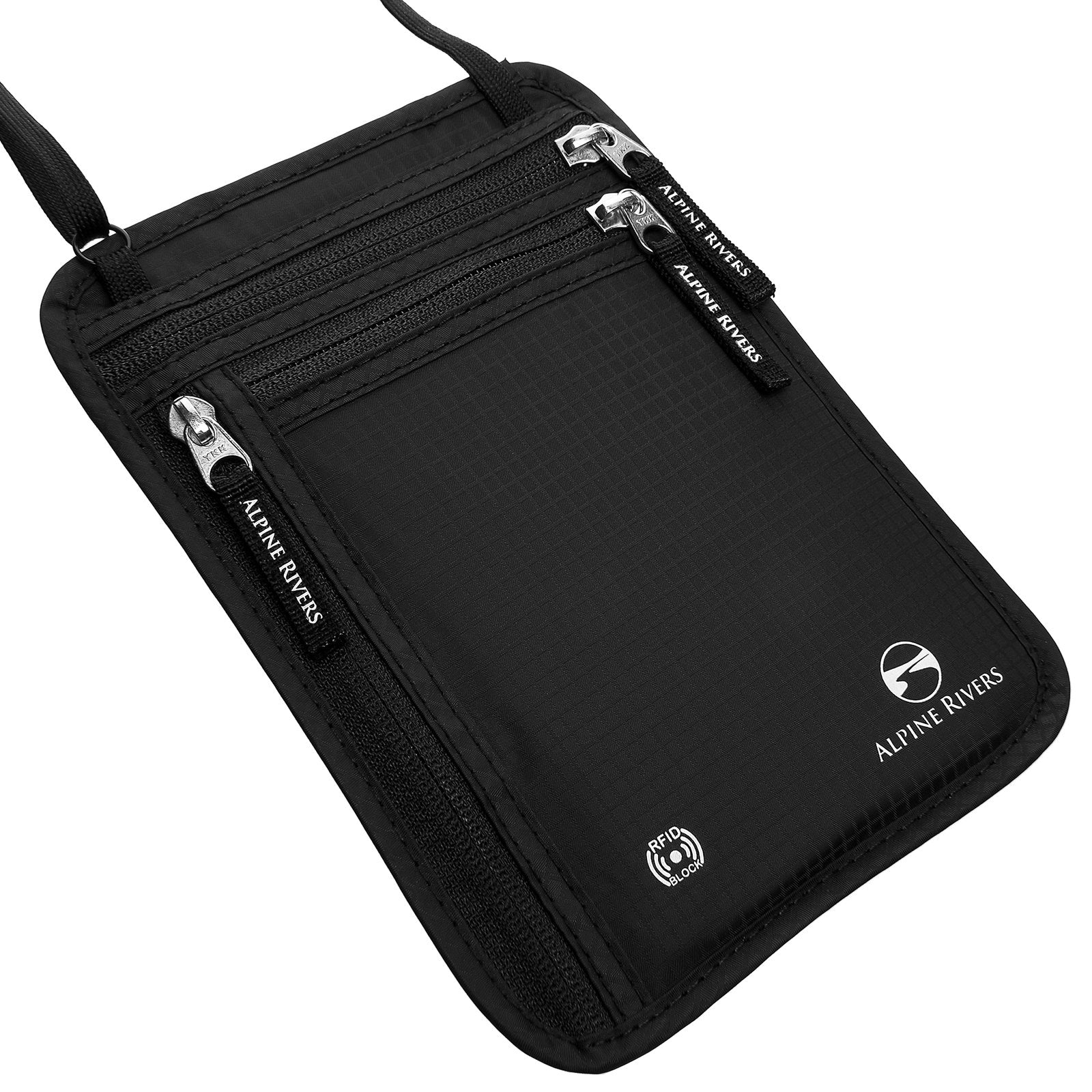 Onyx Black RFID neck wallet, angled view showing the zippered front pockets