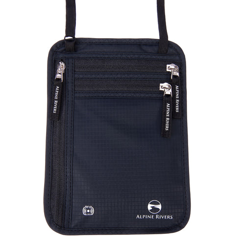 Alpine Rivers RFID blocking neck wallet, Onyx Black, passport and boarding pass holder