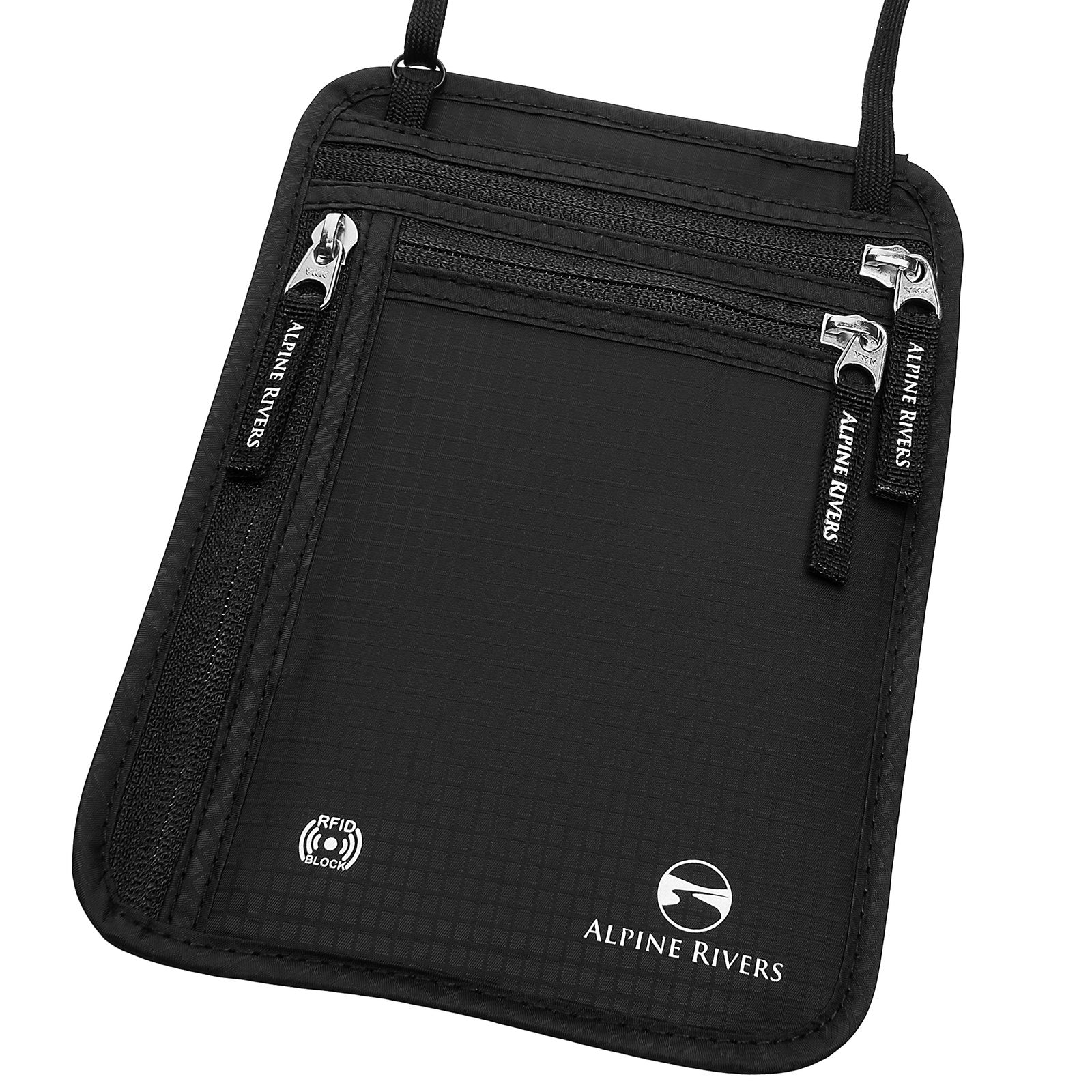 Alpine Rivers RFID neck wallet in Onyx Black, front view