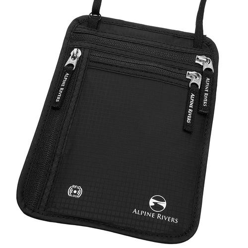 Alpine Rivers RFID neck wallet in Onyx Black, front view
