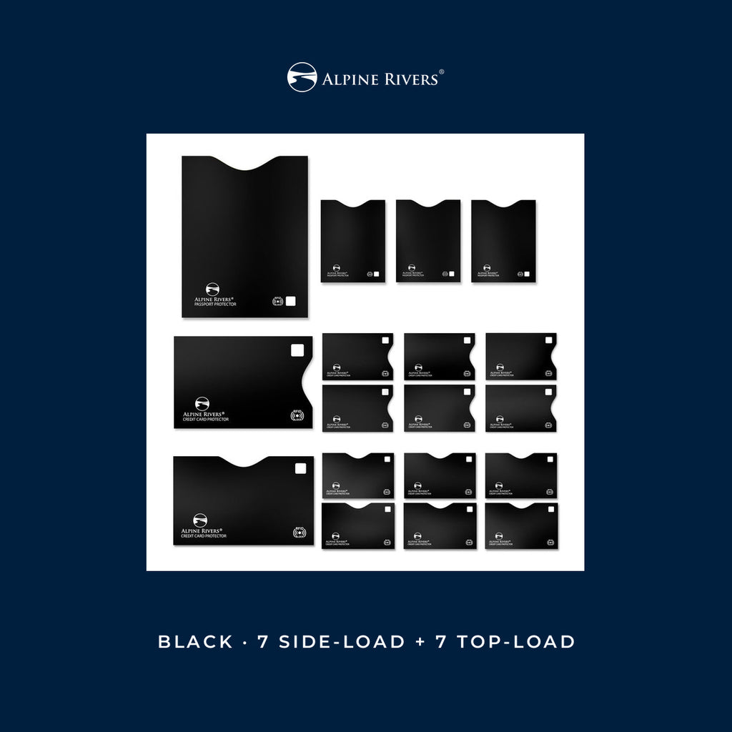 Alpine Rivers black RFID blocking sleeves, 18-piece versatile pack: 7 side-load and 7 top-load card sleeves plus 4 top-load passport sleeves