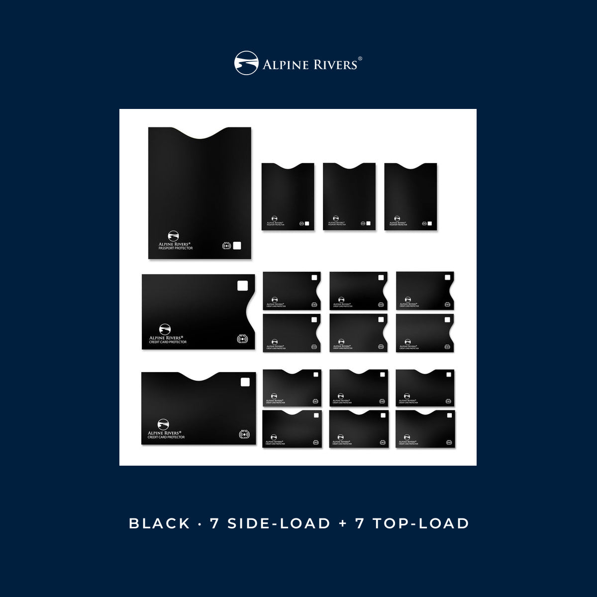 Alpine Rivers black RFID blocking sleeves, 18-piece versatile pack: 7 side-load and 7 top-load card sleeves plus 4 top-load passport sleeves
