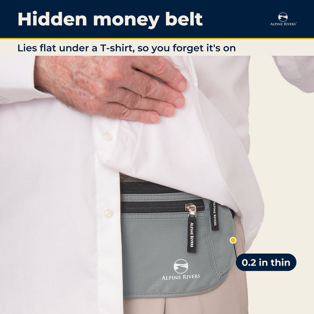 Hidden money belt lies flat under a T-shirt