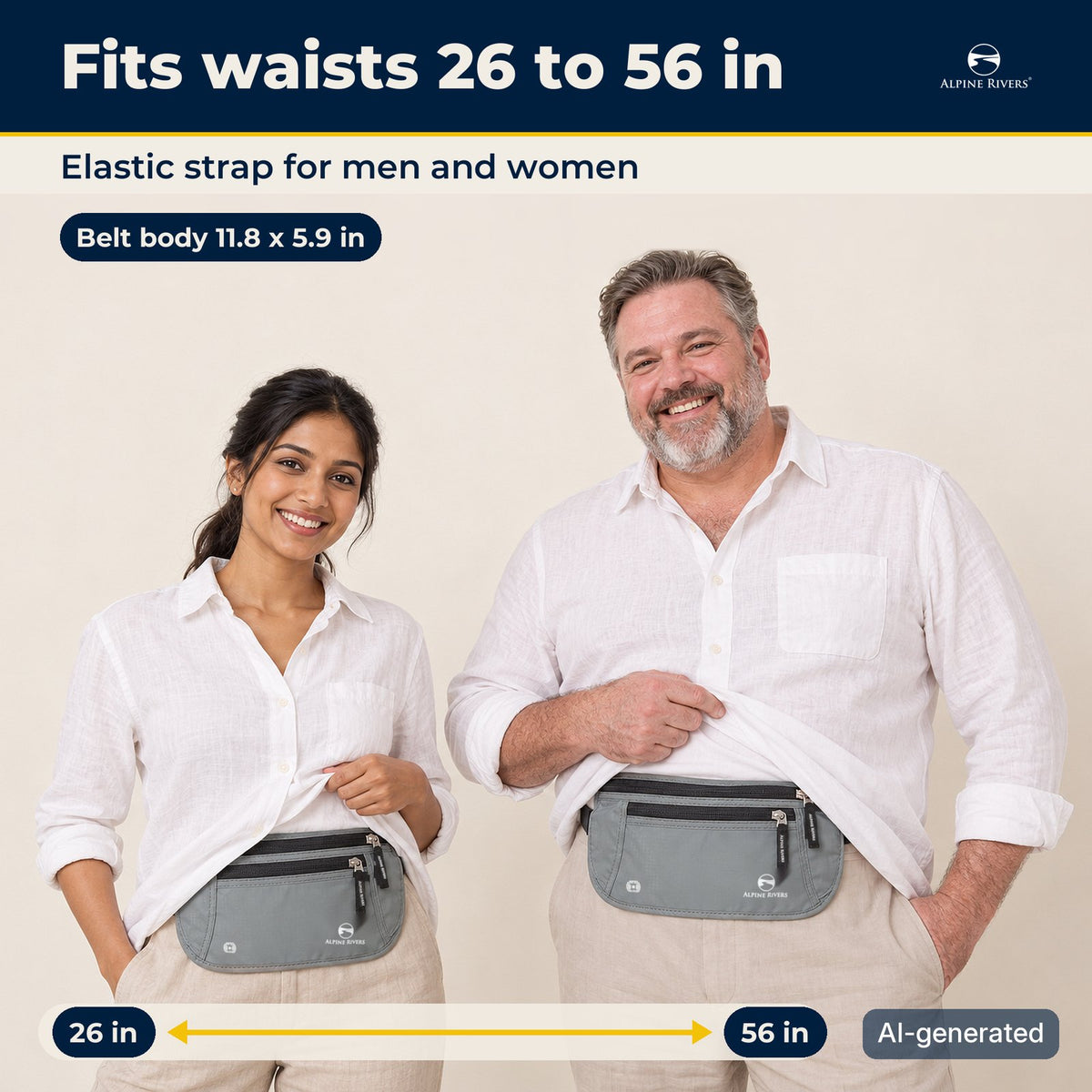 Fits waists 26 to 56 in, elastic strap for men and women