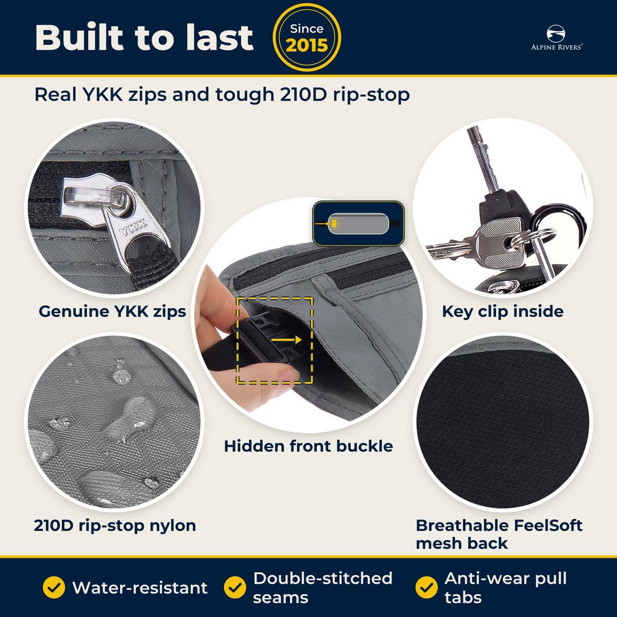 Built to last: genuine YKK zips, hidden front buckle, 210D rip-stop nylon, breathable mesh back, key clip inside