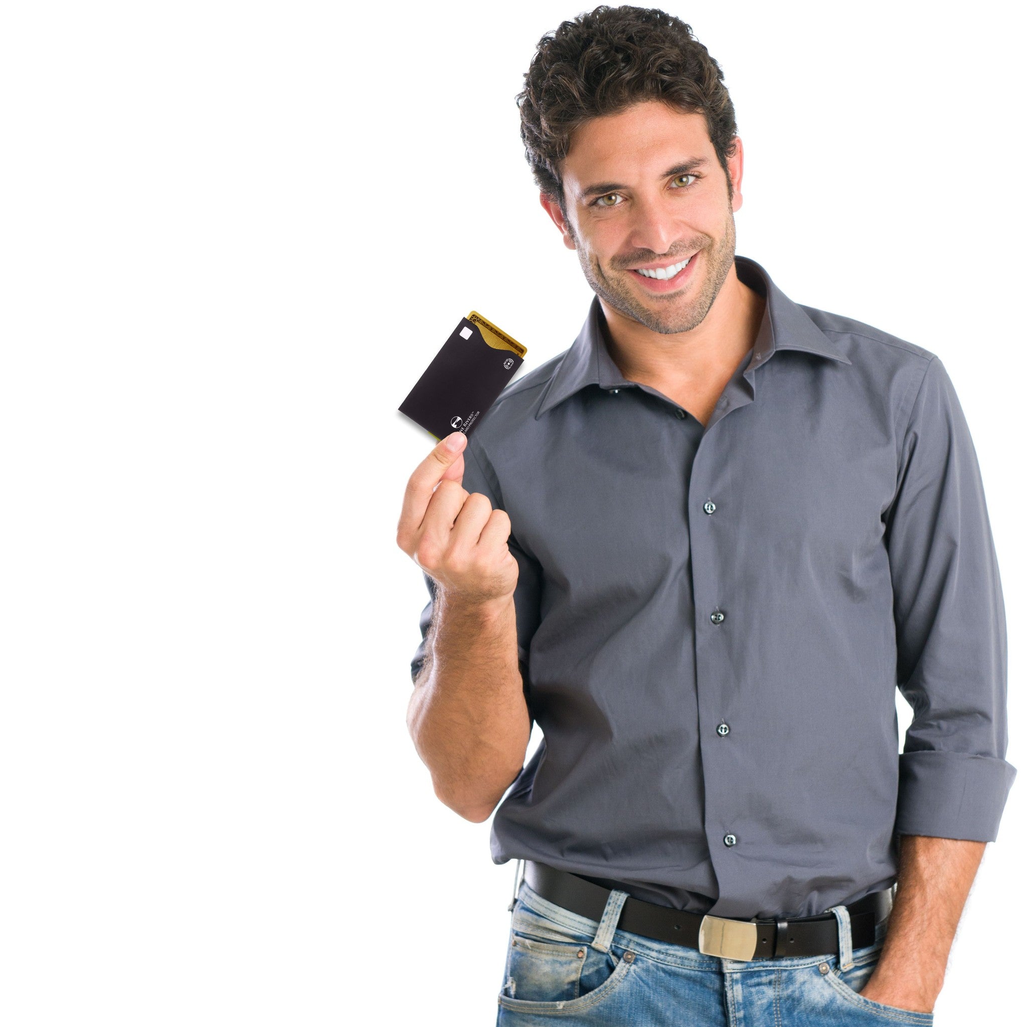 Black Alpine Rivers RFID blocking card sleeve, top-load, held by a traveler