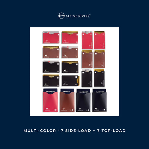 Alpine Rivers multi-color RFID blocking sleeves, 18-piece versatile pack in red, brown and black: 7 side-load and 7 top-load card sleeves plus 4 passport sleeves