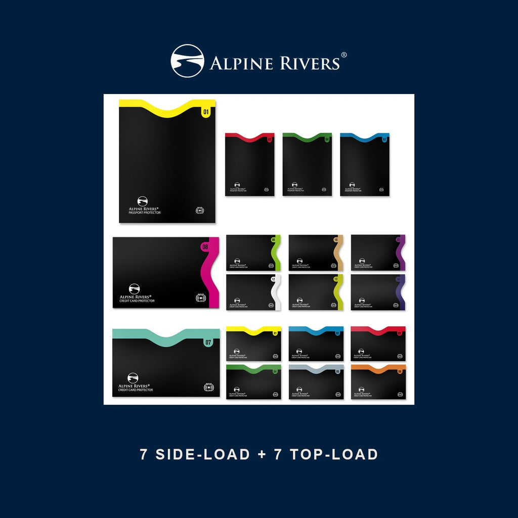 Alpine Rivers colour-coded numbered RFID blocking sleeves, 7 side-load and 7 top-load in one pack.