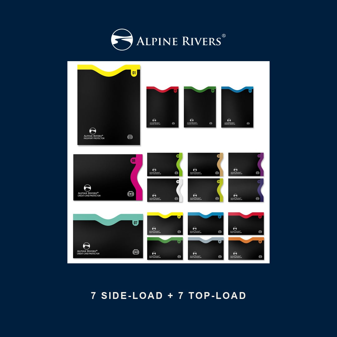 Alpine Rivers colour-coded numbered RFID blocking sleeves, 7 side-load and 7 top-load in one pack.