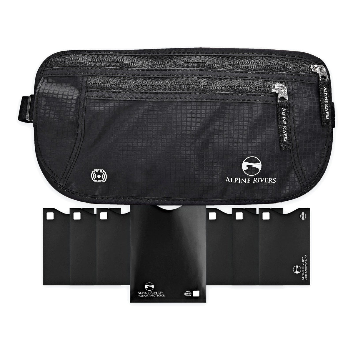 Alpine Rivers hidden RFID money belt, Onyx Black, with 7 RFID sleeves