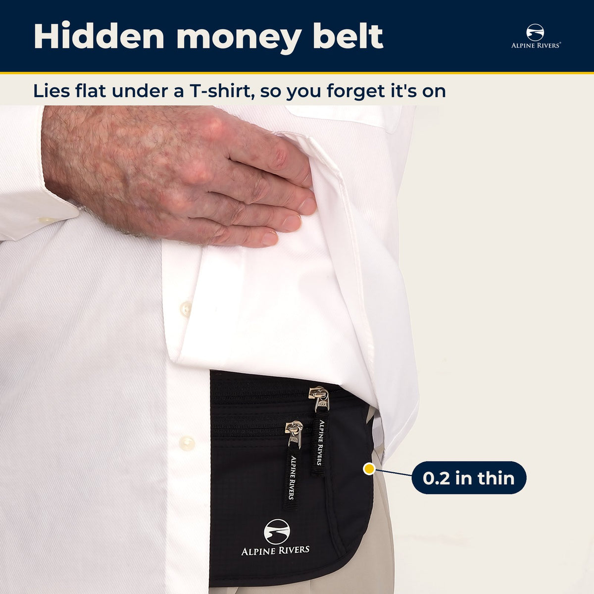 Hidden money belt lies flat under a T-shirt