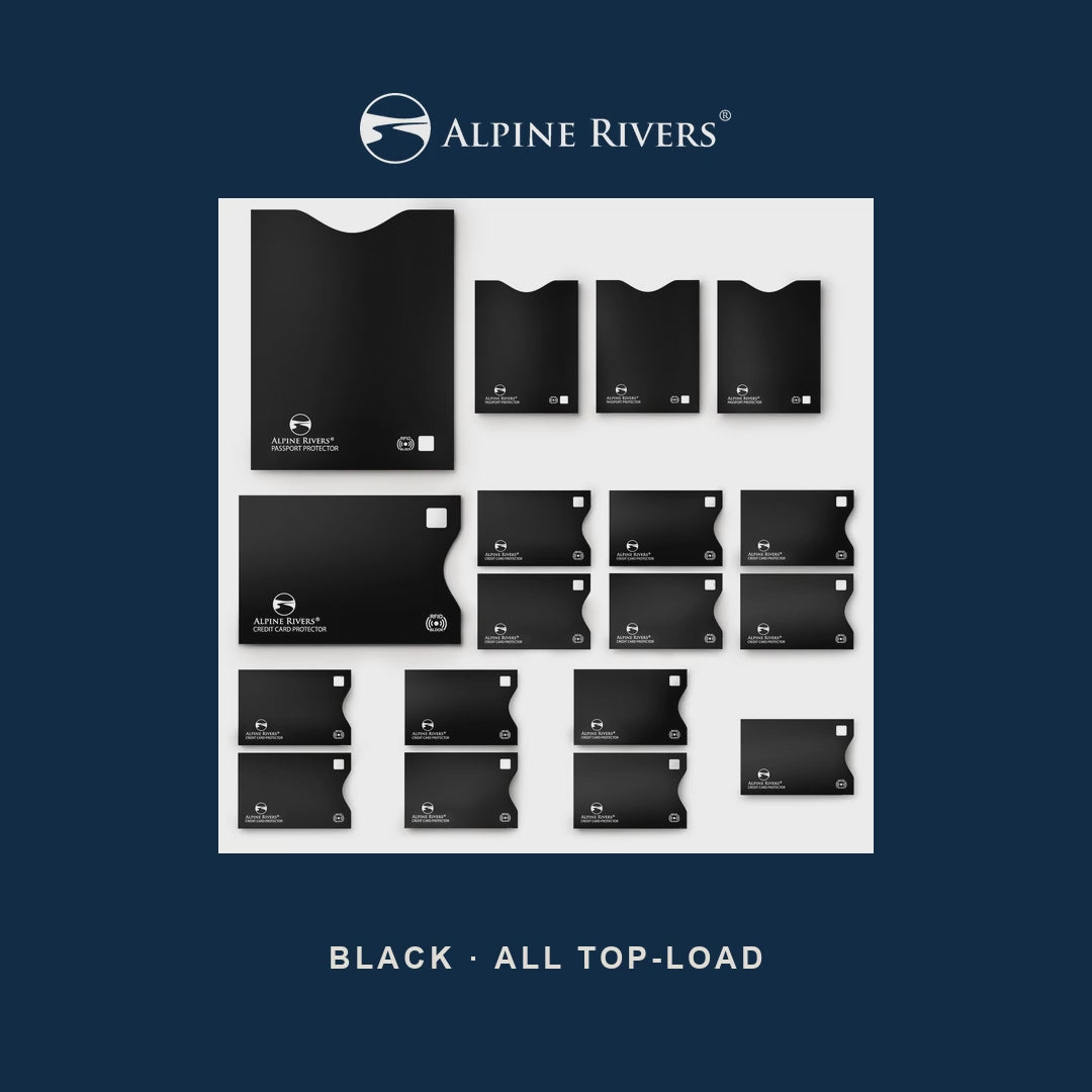 Alpine Rivers black RFID blocking sleeve tested on a live card reader: card blocked inside the sleeve, then approved when removed. All 14 sleeves top-load.