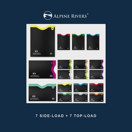 Alpine Rivers colour-coded numbered RFID blocking sleeves: 7 side-load and 7 top-load in one pack, with live card-reader blocking proof.