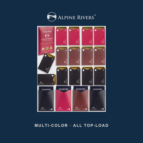 Alpine Rivers multi-colour RFID blocking sleeve tested on a live card reader: card blocked inside the sleeve, then approved when removed. All 14 sleeves top-load.