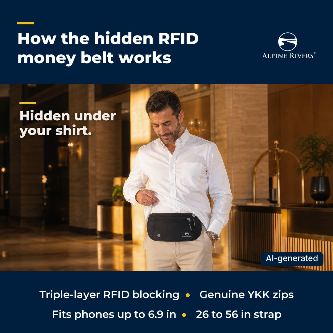 How the Alpine Rivers hidden RFID money belt for travel works: pockets, RFID blocking layers and fit