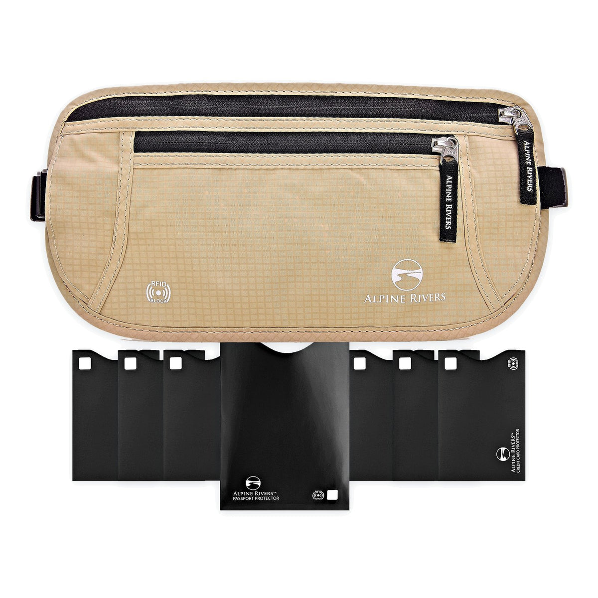 Alpine Rivers hidden RFID money belt, Sahara Sand, with 7 RFID sleeves