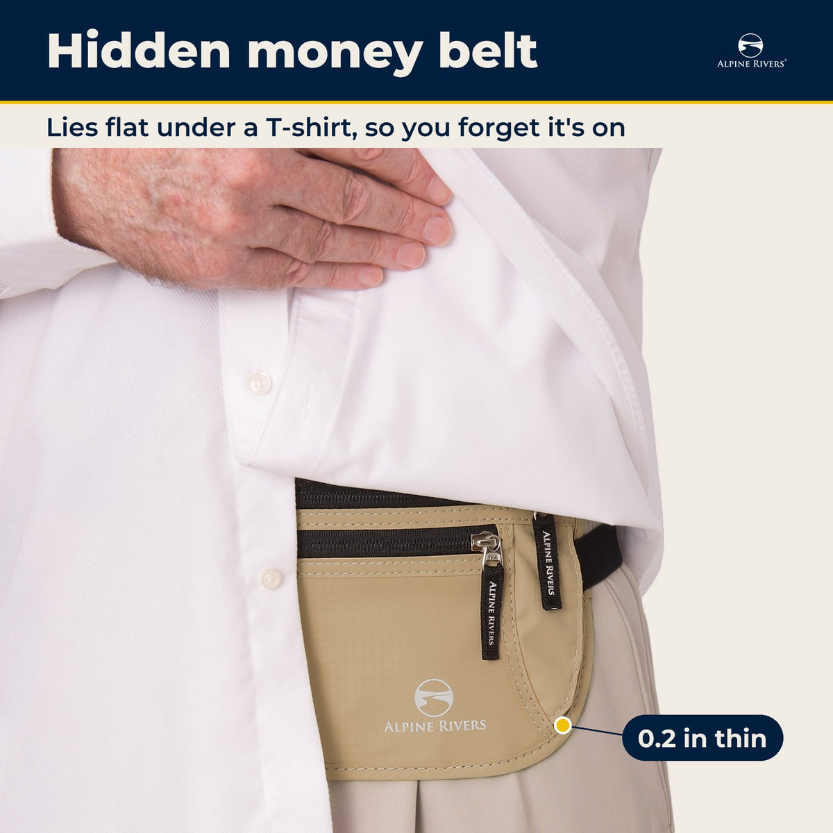 Hidden money belt lies flat under a T-shirt