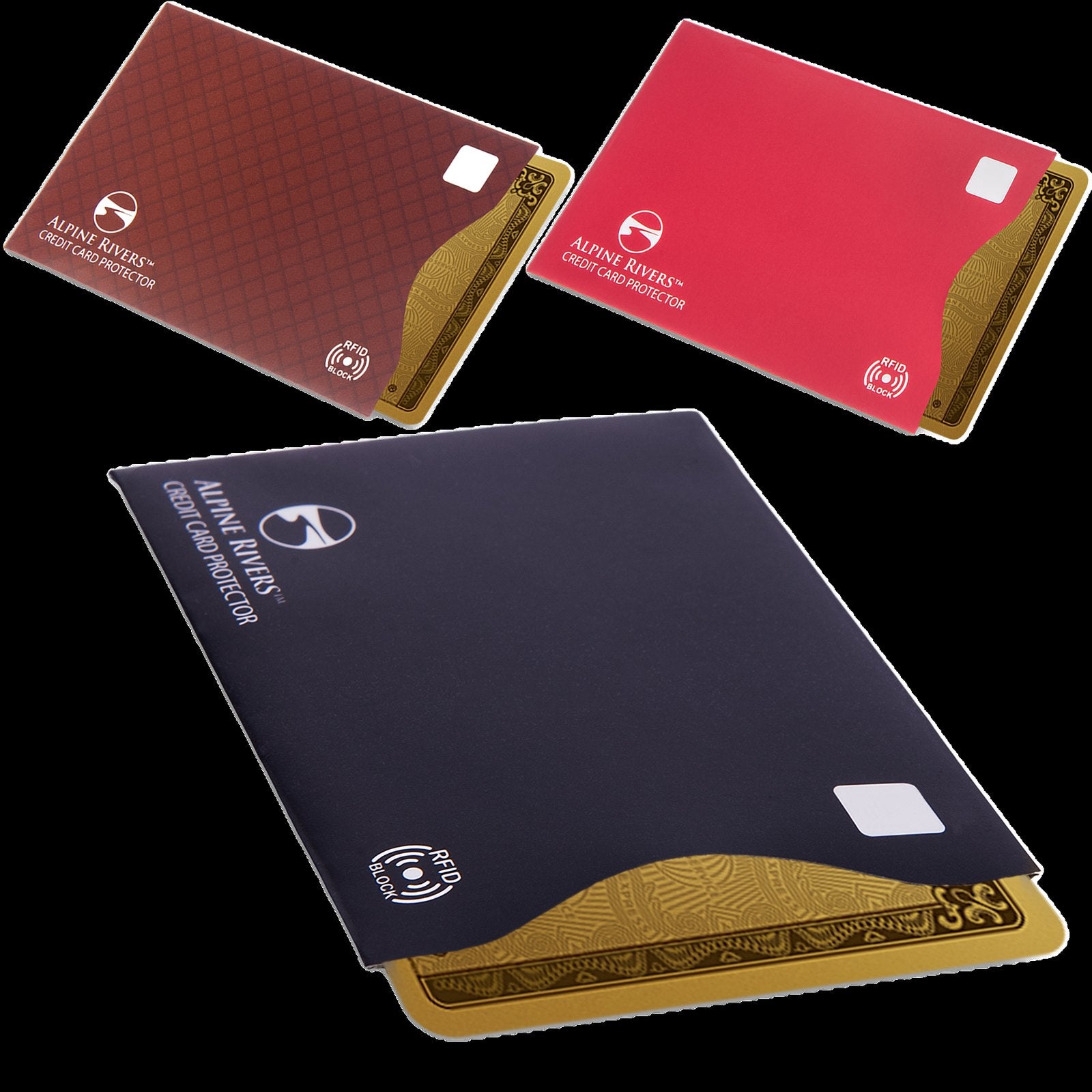 Alpine Rivers multi-colour RFID blocking sleeves in red, black and brown