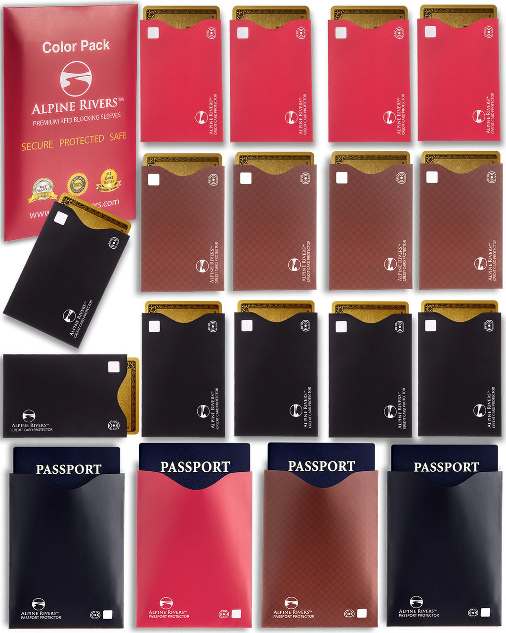 Alpine Rivers multi-colour RFID blocking sleeves in red, black and brown